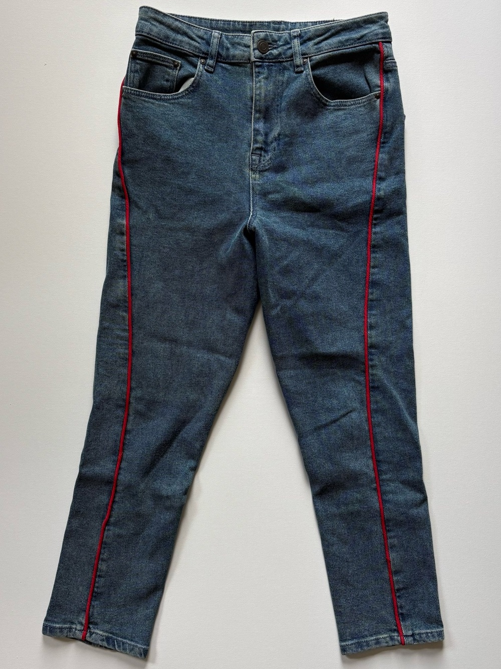 ASOS Womens 28x30 Short Tapered Blue Jeans Red Side Stripe